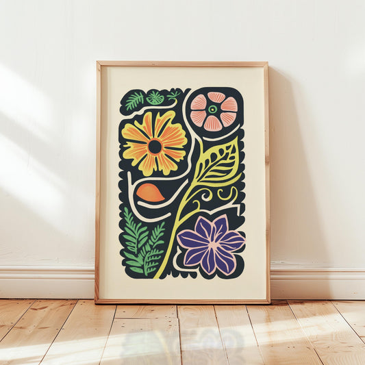 Folk Art Floral Poster – Retro Botanical Art Mid Century Print With Archival Ink
