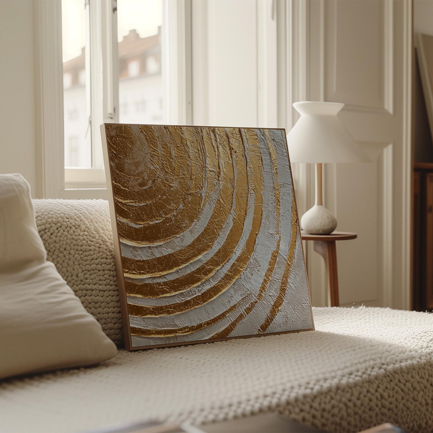 Gold White Canvas Art – Textured Canvas Painting with Floating Wood Frame, Modern Wall Decor