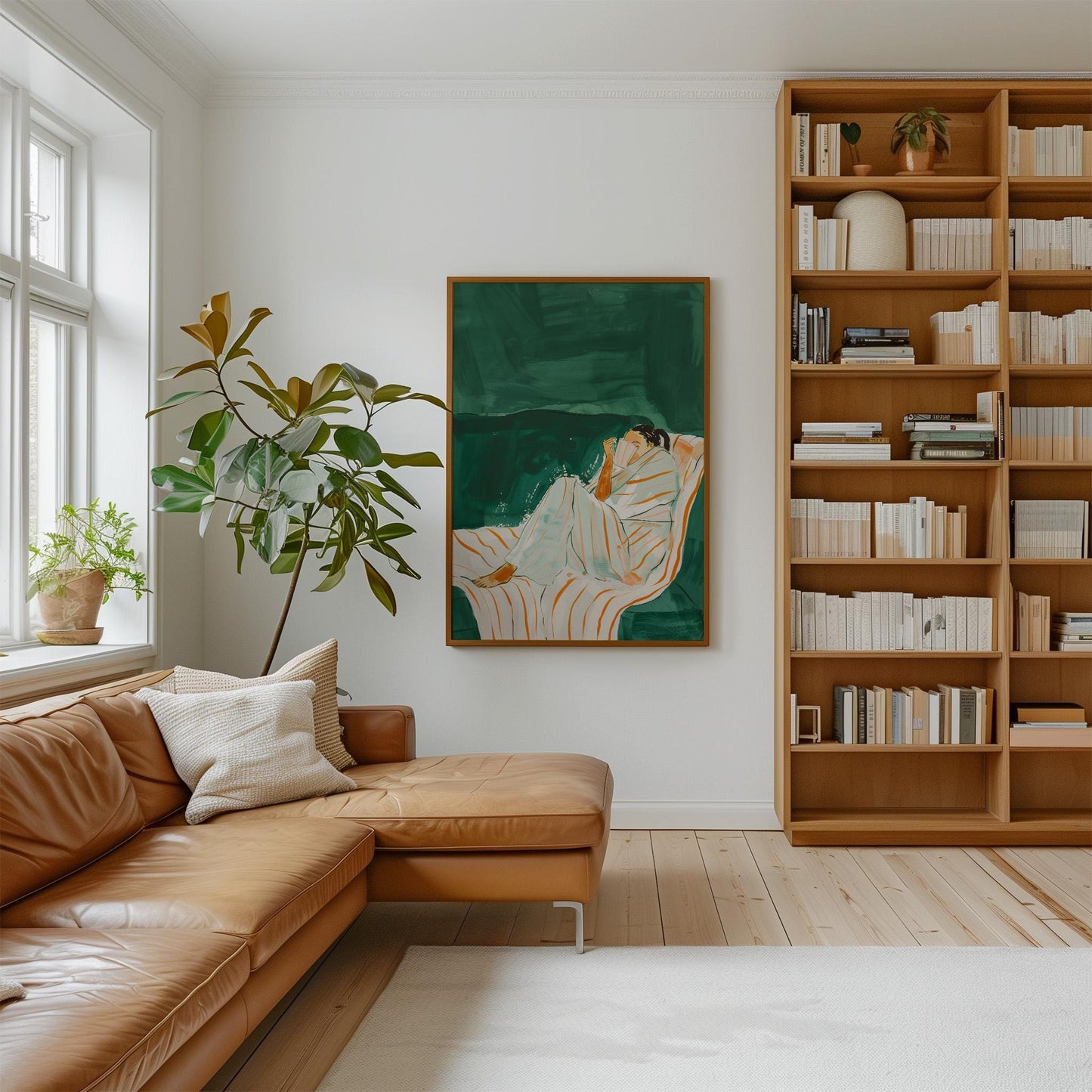 Woman Reading Wall Art Modern Canvas Print Relaxing Green Striped Chair Minimalist Home Decor for Bedroom Living Room