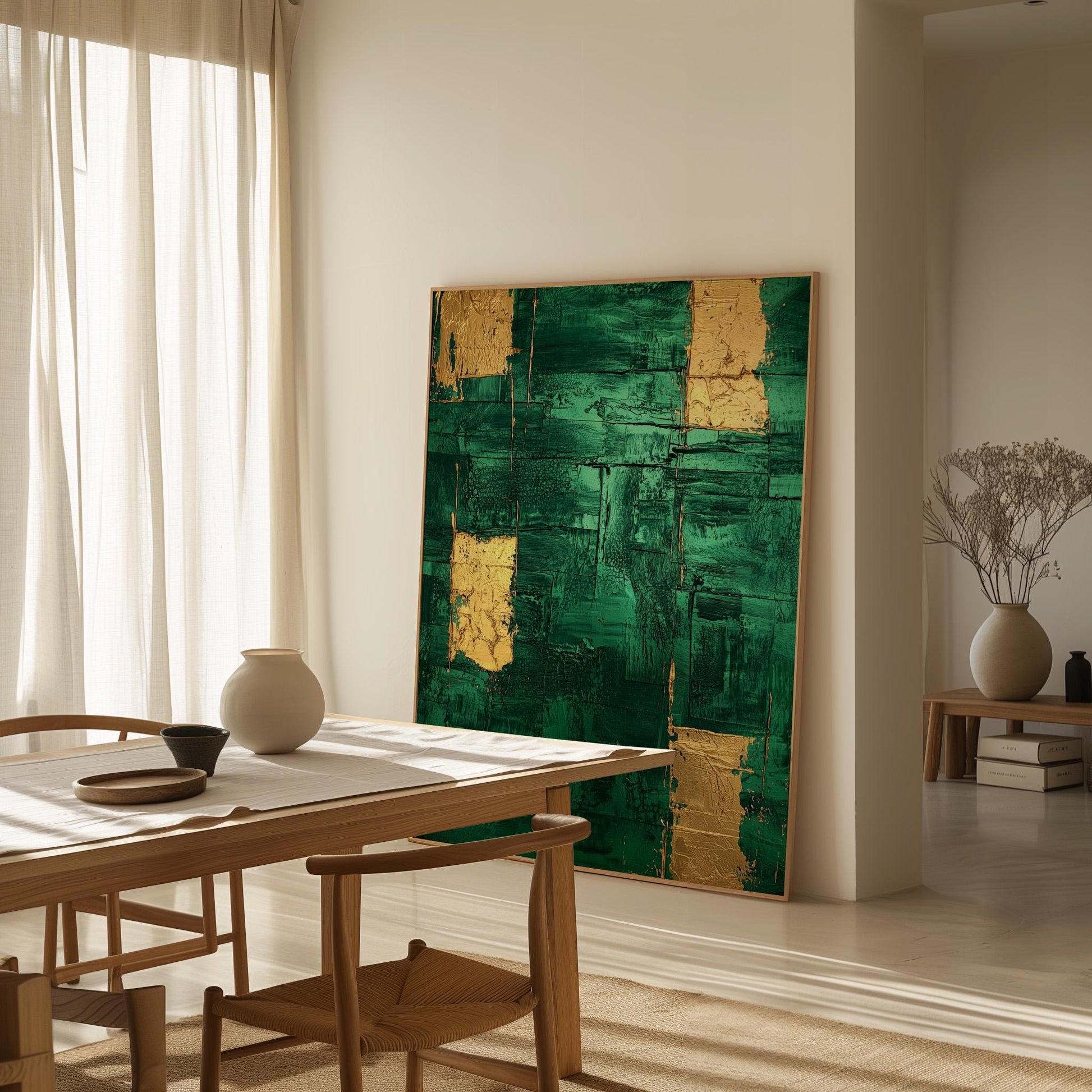 Emerald Green and Gold Textured Giclée Canvas Print Modern Abstract Wall Art for Office or Bedroom