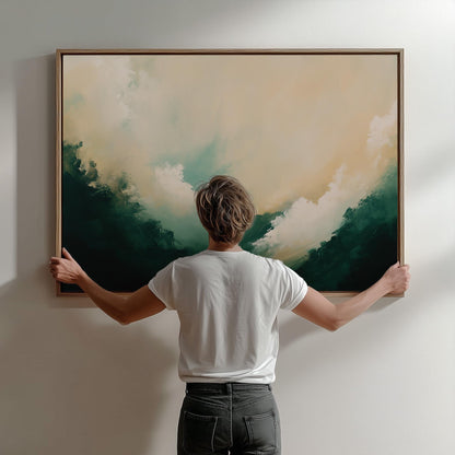 Abstract Green and Beige Canvas Wall Art: Modern Textured Painting for Bedroom or Living Room, Large Framed Artwork, Contemporary Home Decor