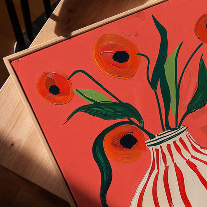 Floral Canvas Wall Art Red Poppies in Striped White Vase on Pink Background Modern Framed Painting