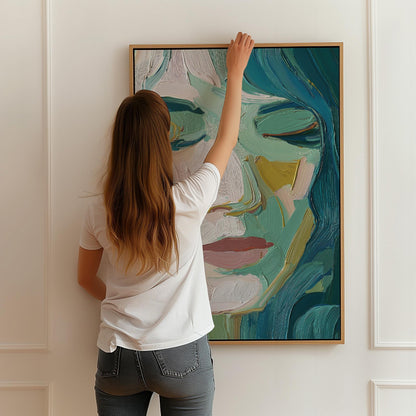 Green and Yellow Woman Face Portrait Textured Canvas Wall Art with Floating Frame