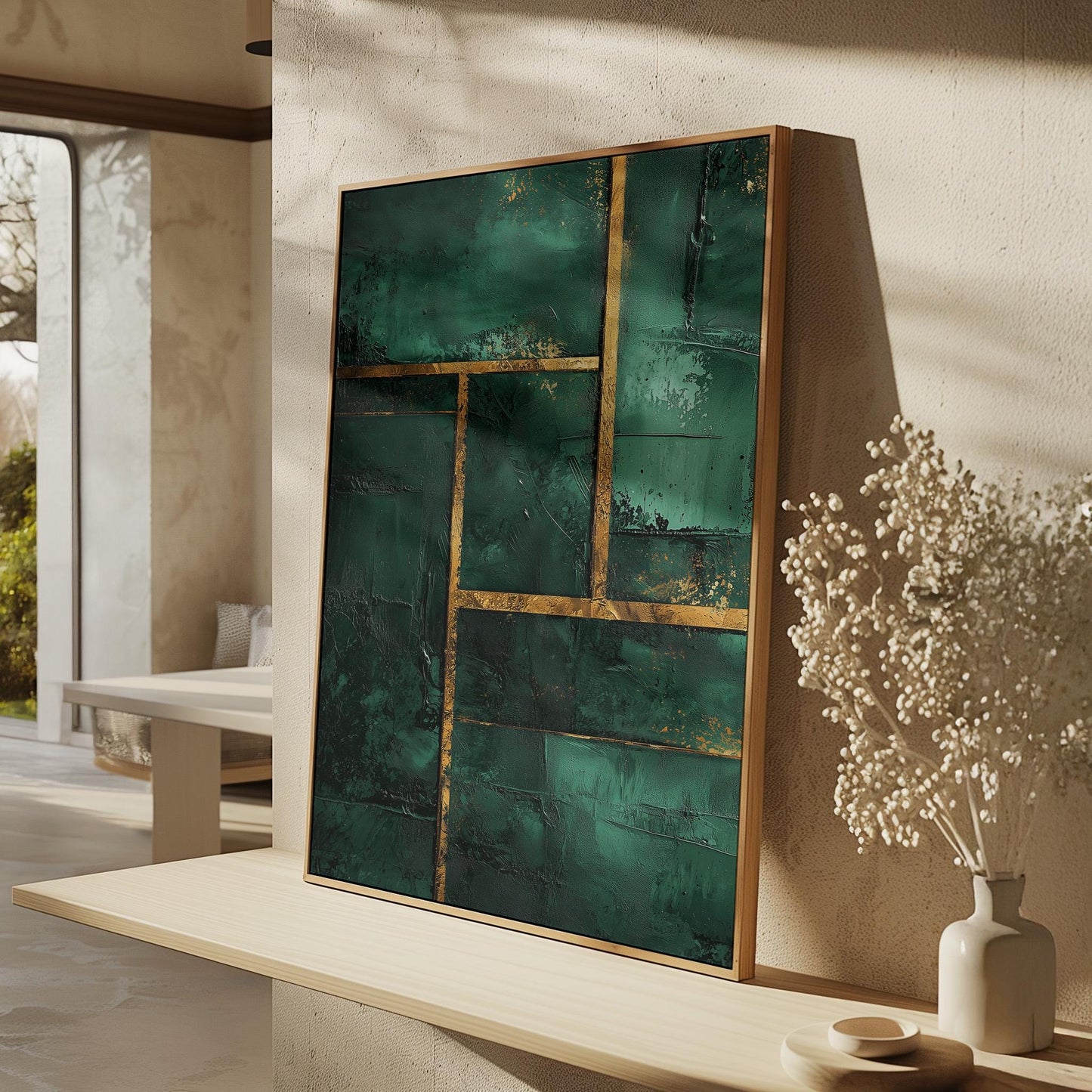 Emerald Green and Gold Geometric Giclée Canvas Print, Modern Abstract Textured Wall Art for Living Room or Office