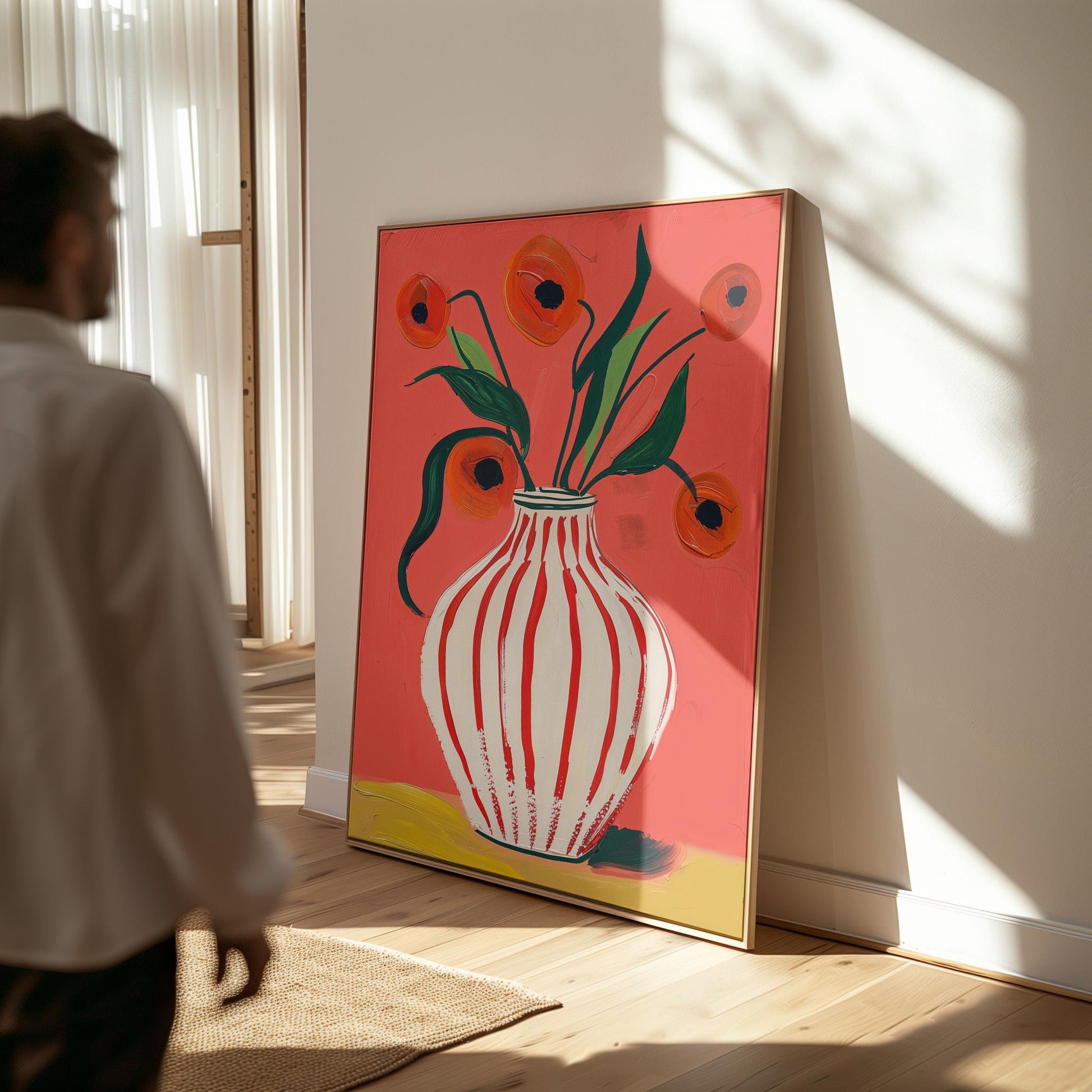 Floral Canvas Wall Art Red Poppies in Striped White Vase on Pink Background Modern Framed Painting