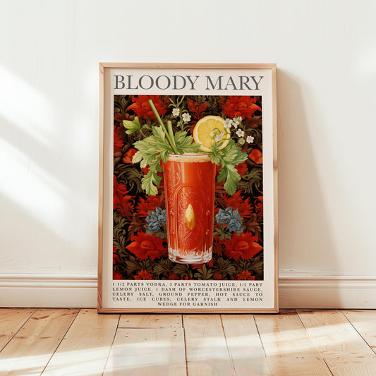 Bloody Mary Cocktail Print – Vintage Recipe Poster | Floral Bar Art A1-A4