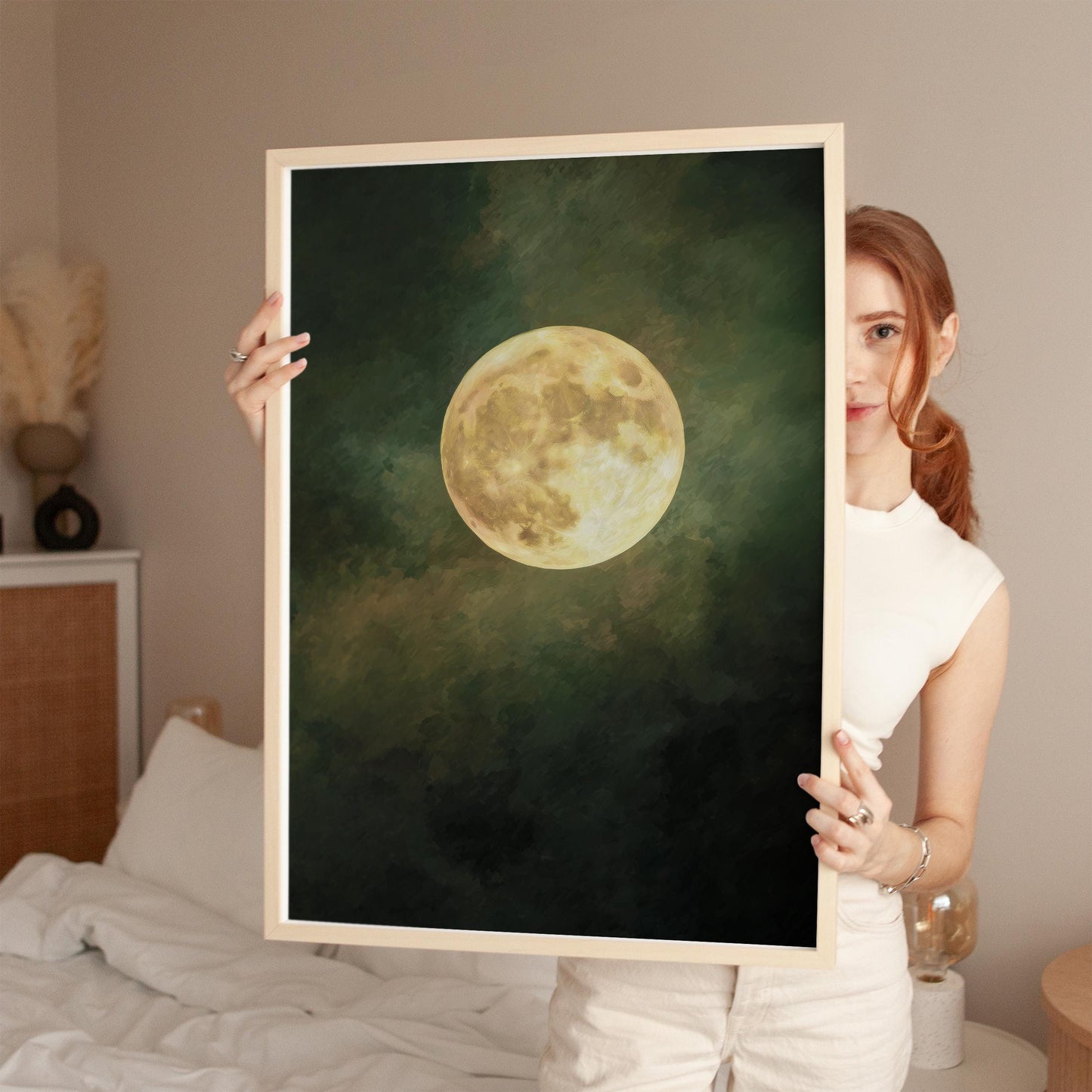 Emerald Green Moon Art | Minimalist Wall Art with Golden Circle Print - Gallery Style Canvas