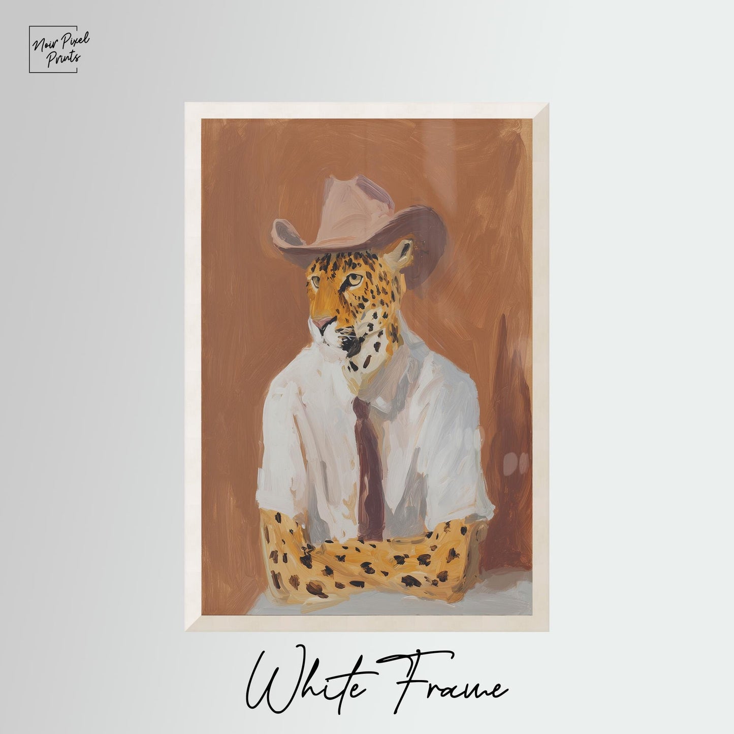 A painting of a leopard wearing a cowboy hat and a white shirt, set against a brown background.