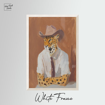 A painting of a leopard wearing a cowboy hat and a white shirt, set against a brown background.