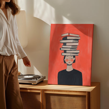 Figurative Canvas Wall Art Woman with Stack of Books on Head Red Background Framed Painting