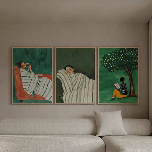 Relaxing Women Canvas Set of 3, Modern Figurative Wall Art with Coffee Reading and Resting, Minimalist Green Artwork for Living Room