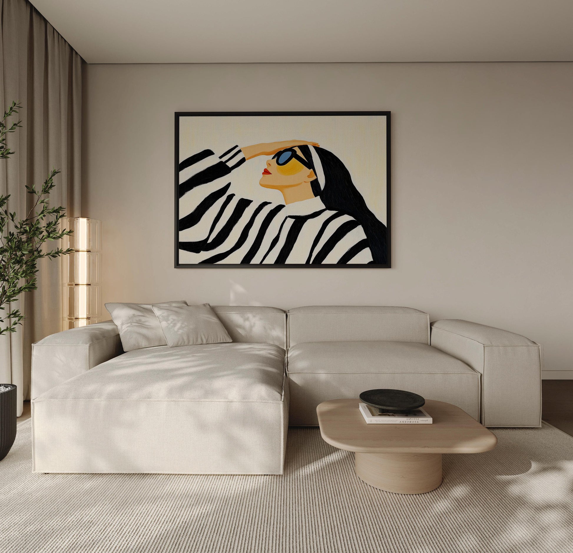 Stylish Woman in Striped Sweater Giclée Canvas Print Modern Fashion Wall Art for Living Room or Bedroom