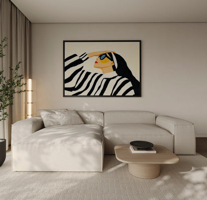 Stylish Woman in Striped Sweater Giclée Canvas Print Modern Fashion Wall Art for Living Room or Bedroom