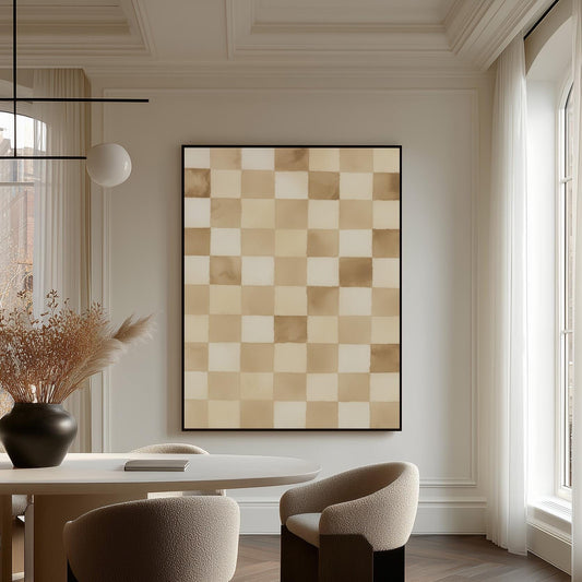 Checkered Canvas Art - Minimalist Beige White Canvas with Floating Wood Frame