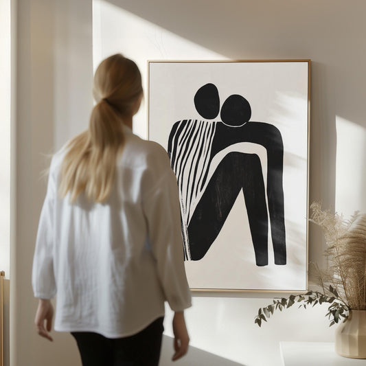 Abstract Canvas Wall Art Black and White Minimalist Couple Embrace Modern Figurative Framed Print