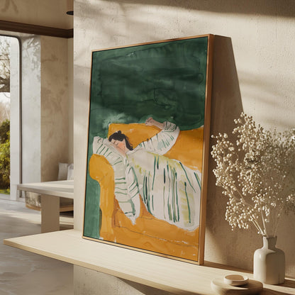 Green and Yellow Figurative Canvas Wall Art with Floating Frame Relaxing Modern Painting for Living Room Decor