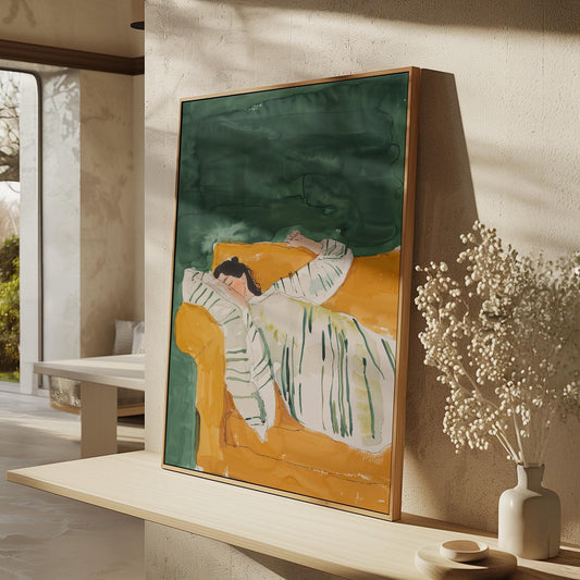 Green and Yellow Figurative Canvas Wall Art with Floating Frame Relaxing Modern Painting for Living Room Decor