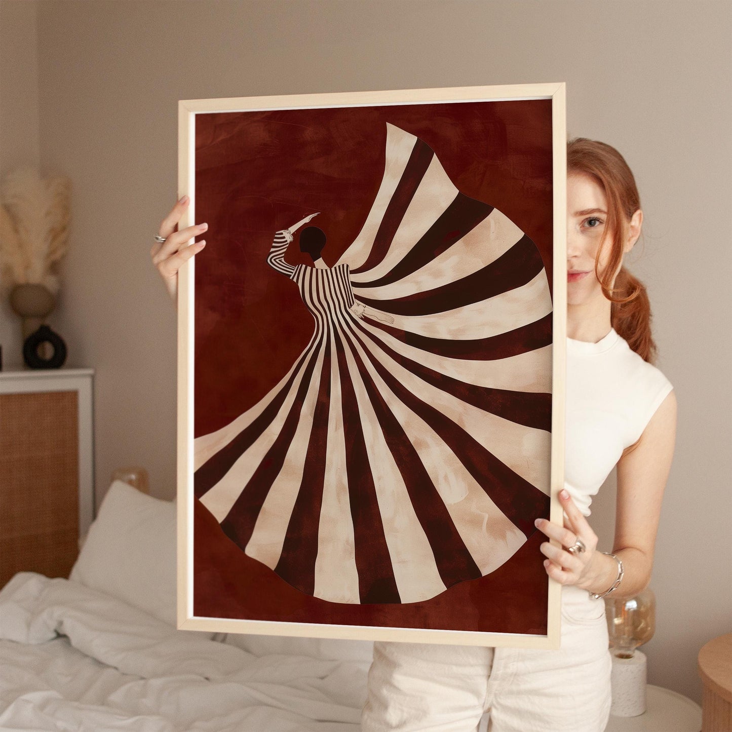 Abstract Woman Art Print – Modern Wall Decor | Striped Dress Canvas with Emerald Tones