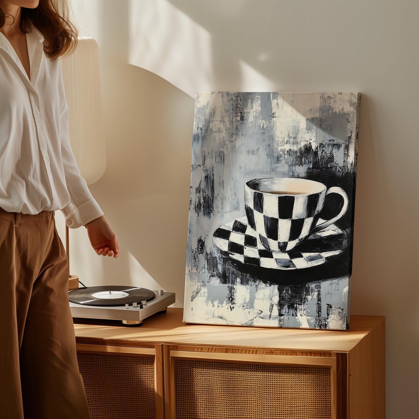 Kitchen Canvas Wall Art Black and White Checkered Coffee Cup and Saucer Modern Framed Painting