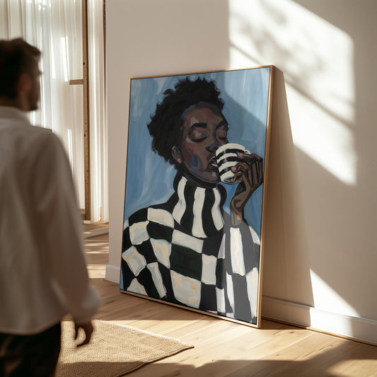 Modern Abstract Woman Canvas Wall Art with Checker Pattern and Striped Mug Contemporary Print for Kitchen or Living Room