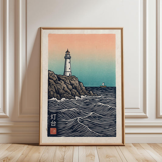 Nautical Lighthouse Art – Vintage Lighthouse Print with Ocean Wall Art, Coastal Decor
