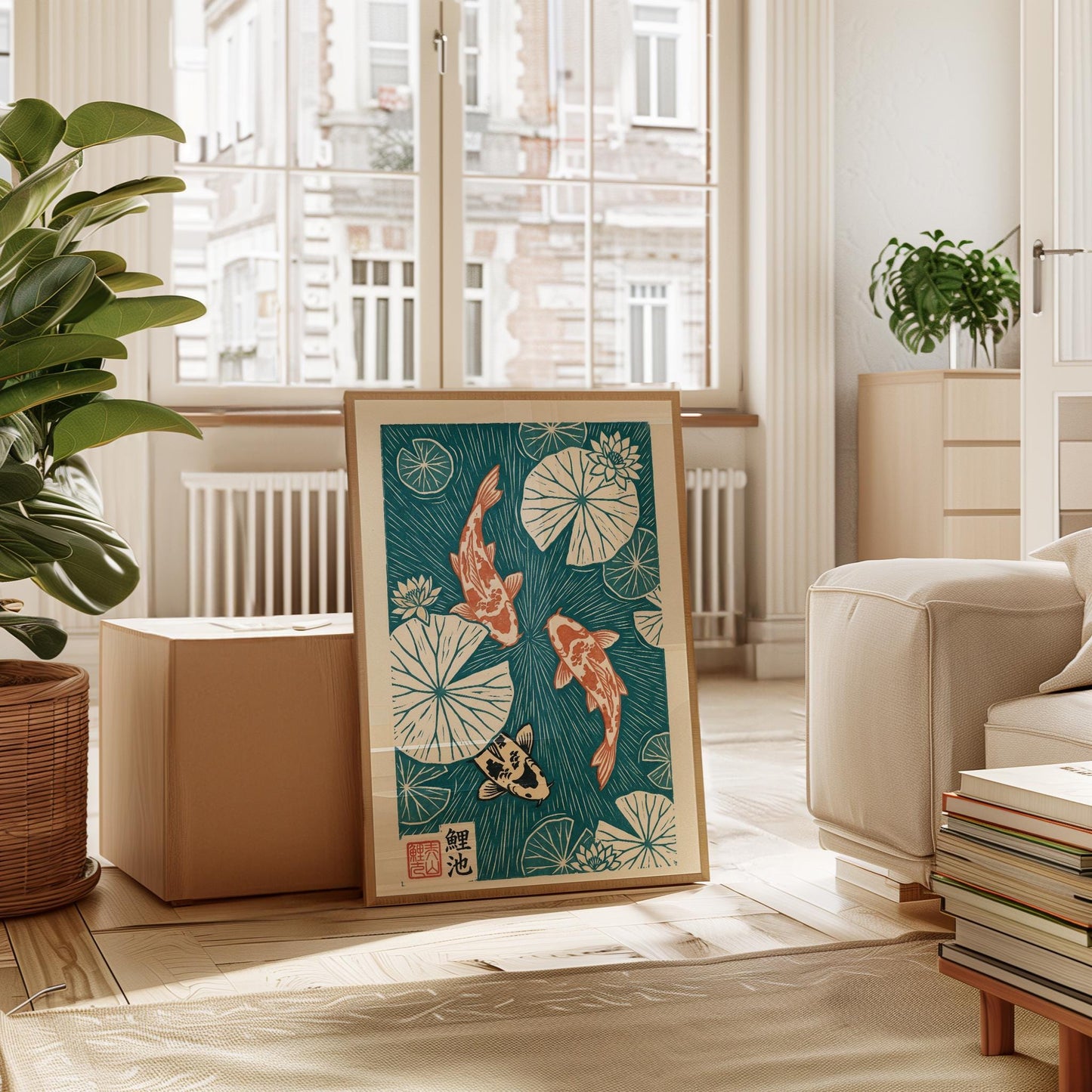 Japanese Koi Fish Print Linocut Poster – Lotus Pond Art with Vibrant Colors