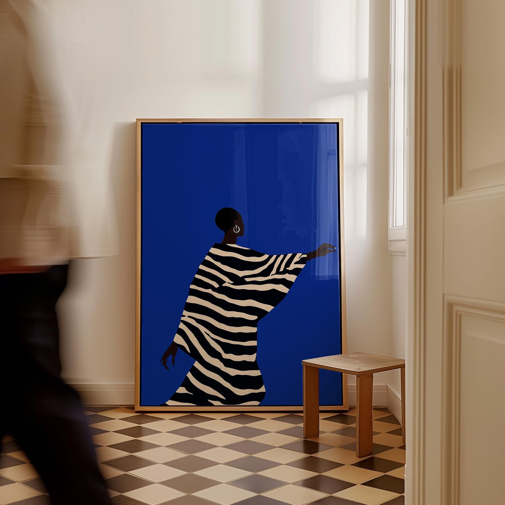 Abstract Silhouette Wall Art Woman in Striped Dress Blue Background Modern Canvas Large Print for Living Room or Bedroom