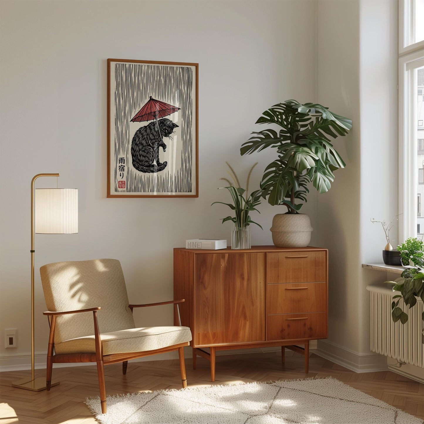 Black Cat Woodblock Print – Japanese Umbrella Art on Fine Art Paper