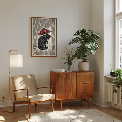Black Cat Woodblock Print – Japanese Umbrella Art on Fine Art Paper