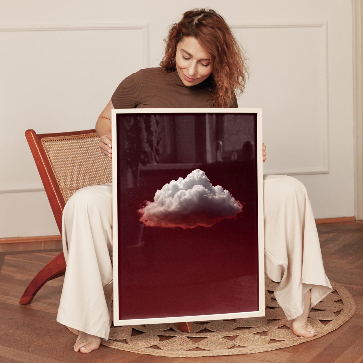 Minimalist Cloud Art Print – Deep Ruby Red Night Sky | Gallery Style Decor