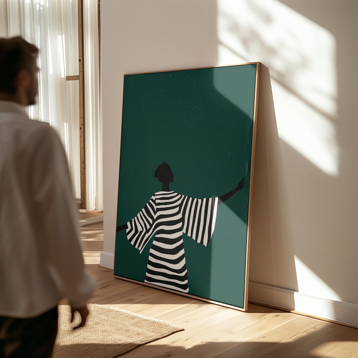 Minimalist Canvas Wall Art Black and White Woman Silhouette in Striped Dress Modern Large Print for Living Room or Bedroom