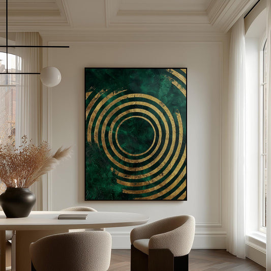 Emerald Green Gold Circle Canvas Print, Luxury Giclée Abstract Wall Art for Modern Interior or Office