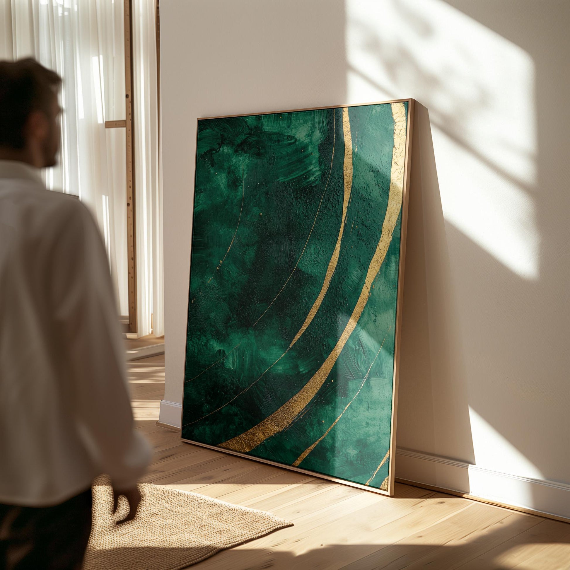 Emerald Green and Gold Wave Canvas Print, Abstract Giclée Textured Wall Art for Living Room or Luxury Interior
