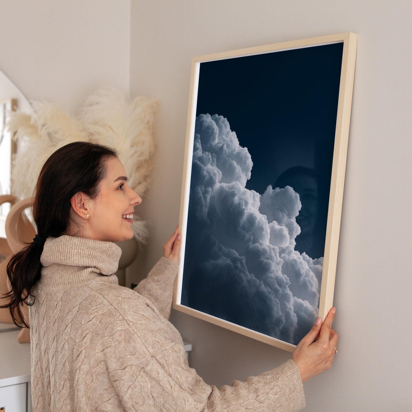 Deep Blue Night Sky Cloud Wall Art – Minimalist Wall Decor with Sustainable Wood Frame