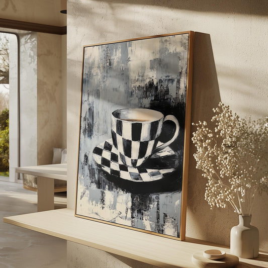 Kitchen Canvas Wall Art Black and White Checkered Coffee Cup and Saucer Modern Framed Painting