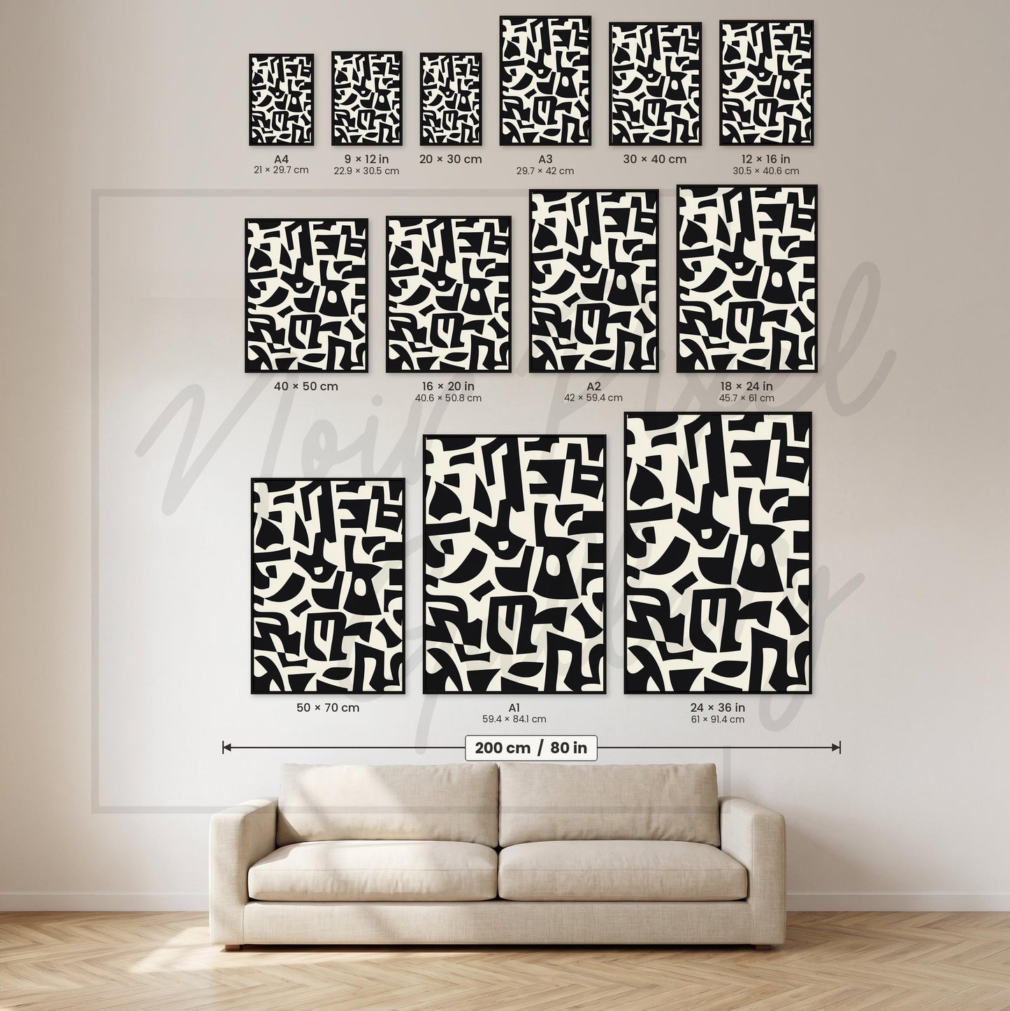 Abstract Wall Art Print – Geometric Black Shapes on Cream | Minimalist Design