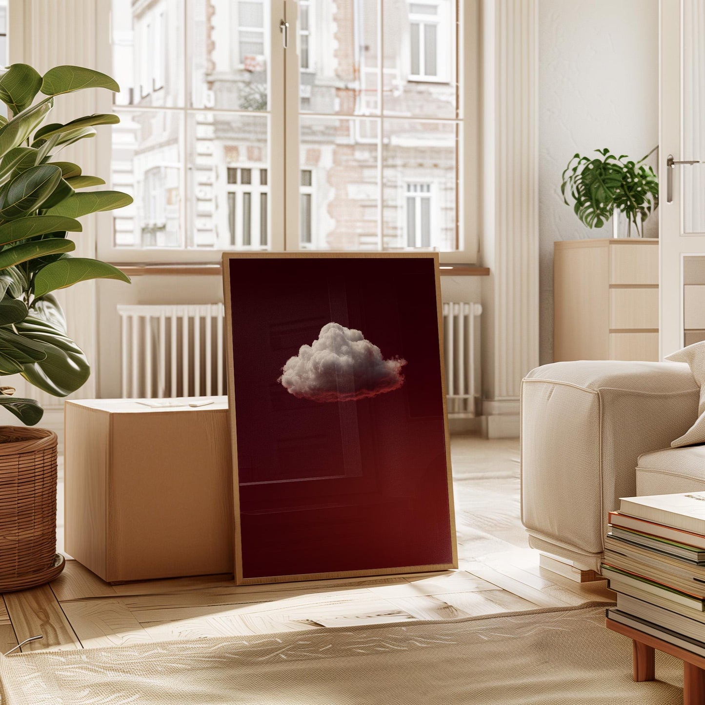 Minimalist Sky Wall Decor – Deep Red Cloud Art Print on Gallery Style Canvas