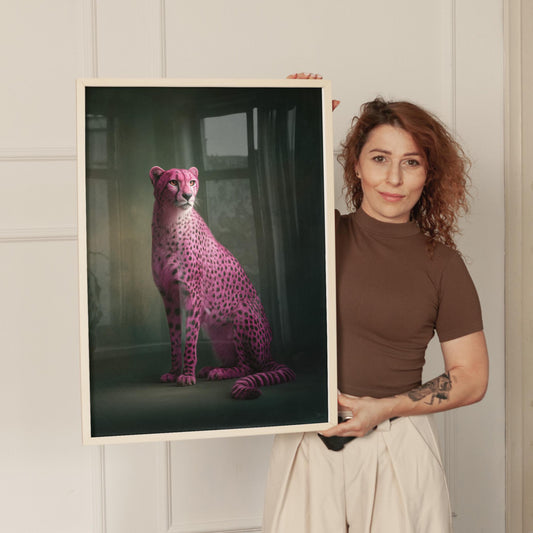 Pink Cheetah Emerald Green Art Print Contemporary Animal Artwork for Modern Maximalist Home Dark Green Framed Wall Art
