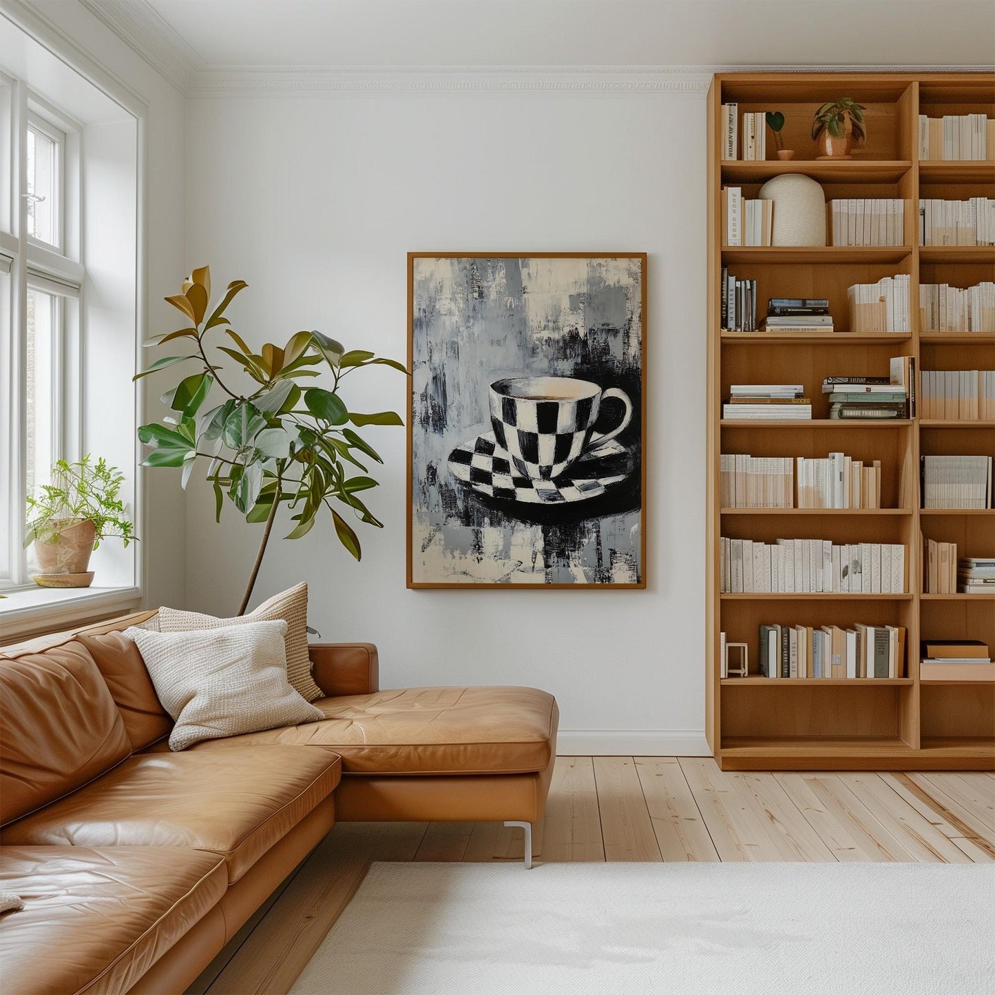 Kitchen Canvas Wall Art Black and White Checkered Coffee Cup and Saucer Modern Framed Painting