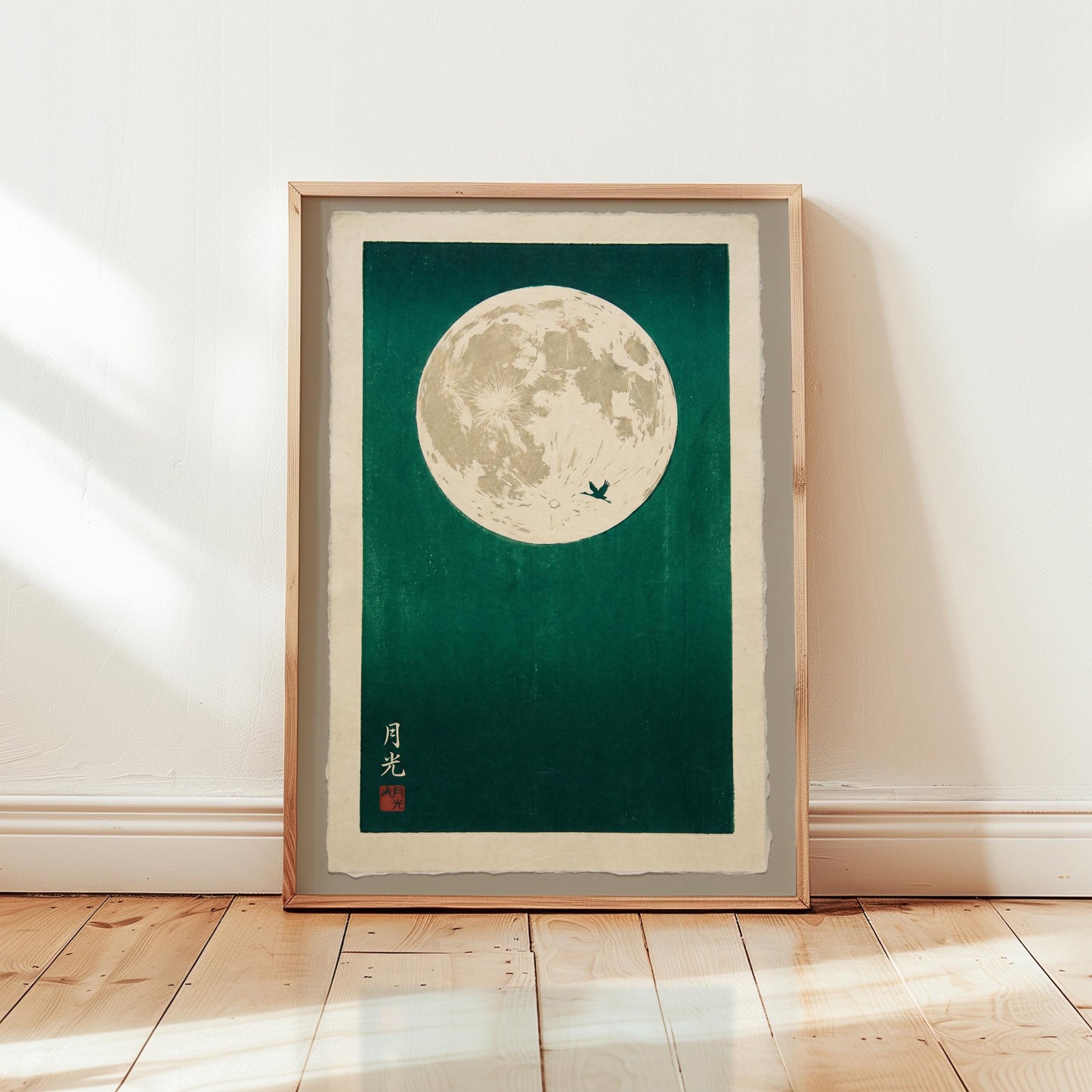 Japanese Moon Art Print – Teal Wall Art with Minimalist Bird Silhouette