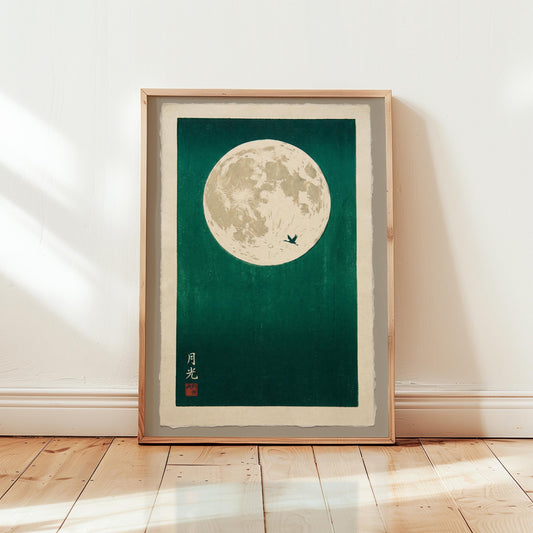 Japanese Moon Art Print – Teal Wall Art with Minimalist Bird Silhouette
