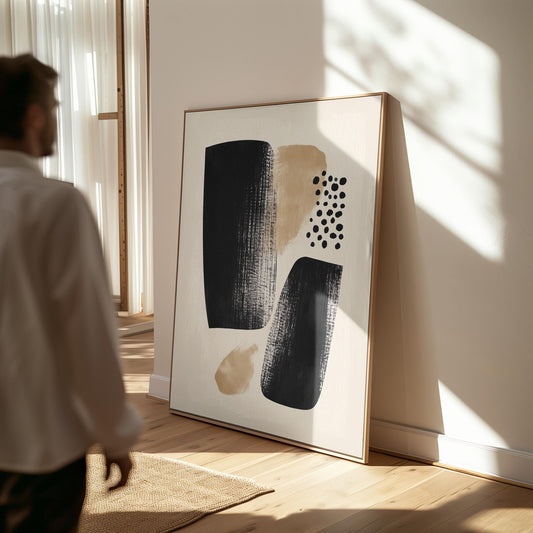 Black and Beige Abstract Canvas Art Minimalist Wall Decor with Organic Shapes, Modern Textured Painting for Living Room or Office