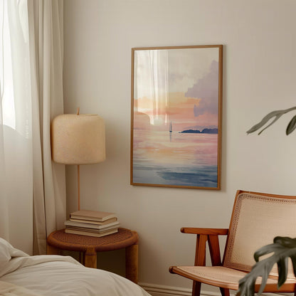 Sunset Sailboat Print – Pastel Seascape Art | Unframed Giclée Wall Decor