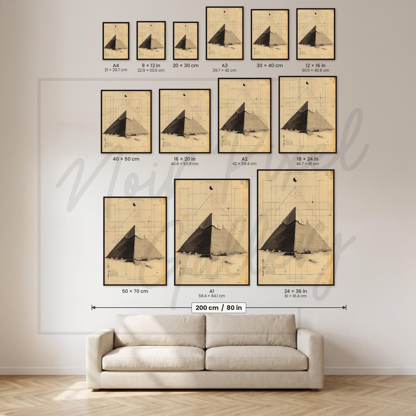 Egyptian Pyramid Poster – Vintage Blueprint Art Print | Sepia Wall Art