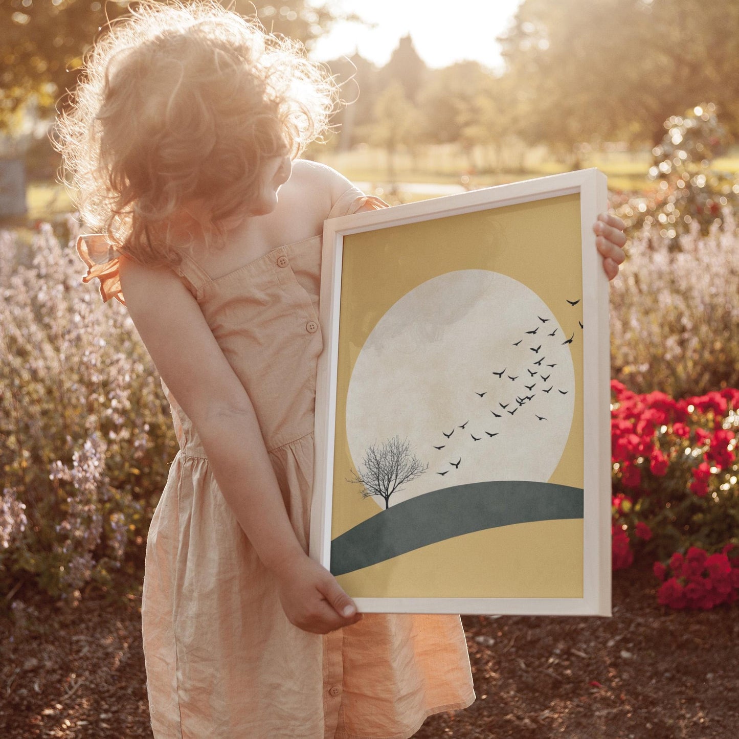 Japandi Wall Art | Yellow Sun Artwork With Flying Birds Canvas - Minimalist Decor