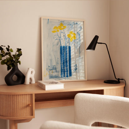 Floral Wall Art Print – Yellow Flower Print with Blue Vase Poster, Abstract Botanical Art
