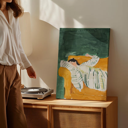 Green and Yellow Figurative Canvas Wall Art with Floating Frame Relaxing Modern Painting for Living Room Decor