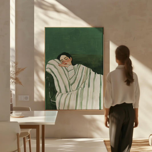 Sleeping Woman Canvas Wall Art, Figurative Painting in Green Tones, Modern Relaxing Portrait for Bedroom or Living Room