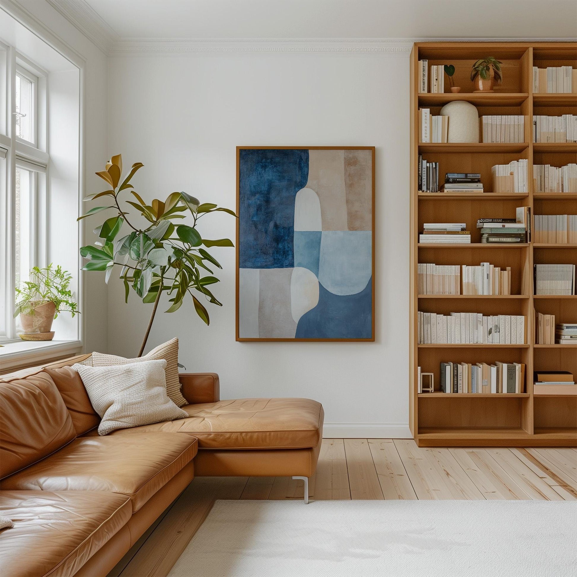 Blue Beige Abstract Canvas Art with Floating Frame