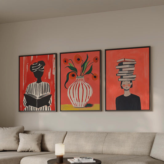 Red Book Lover Woman Canvas Print Set: Modern Abstract Figurative Art